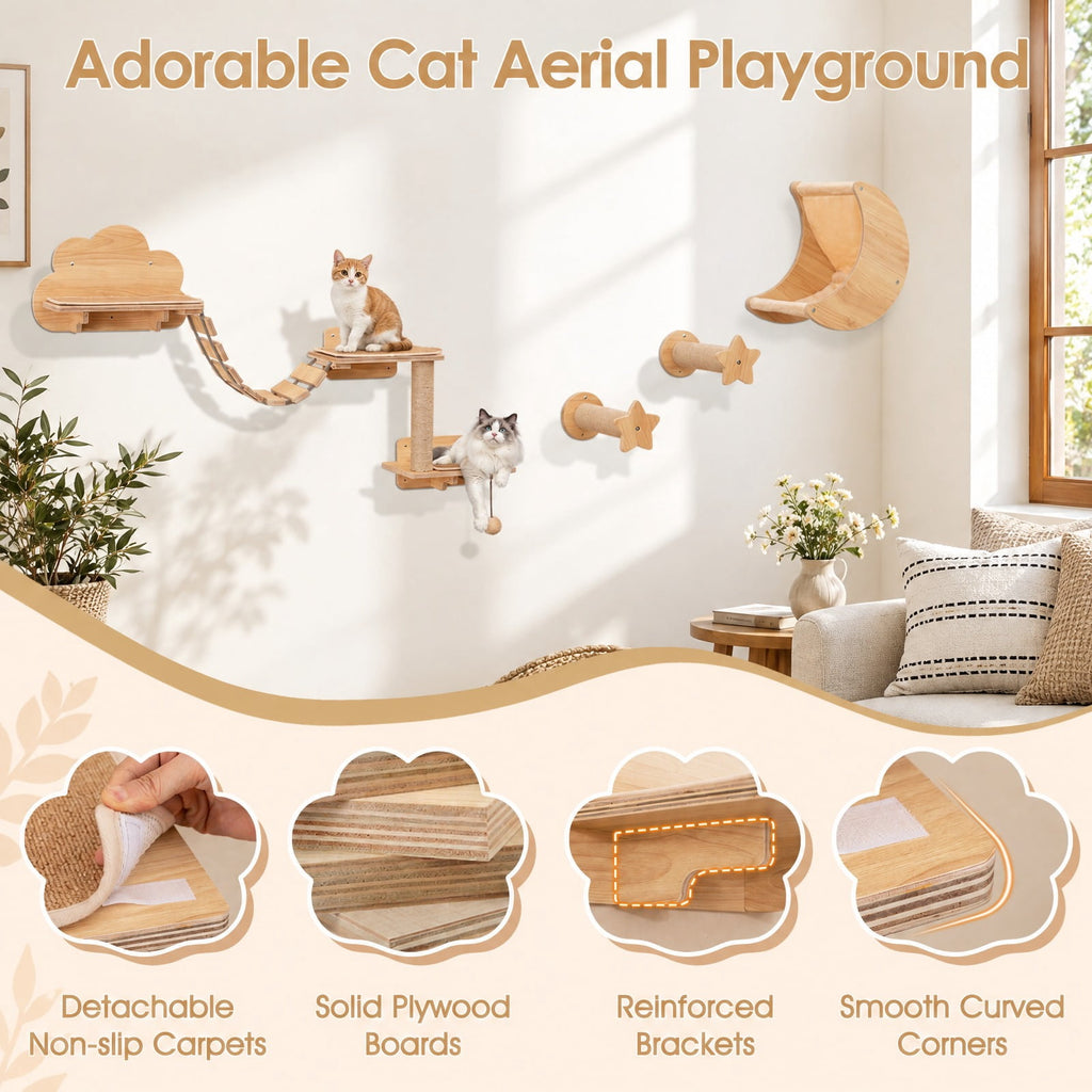 Airfind Cat Wall Furniture Set Kitten Wall Mounted Shelves with Hammock, 22 lbs Capacity, Natural, Size of the Hammock 13 Inch x 12.5 Inch x 19 Inch