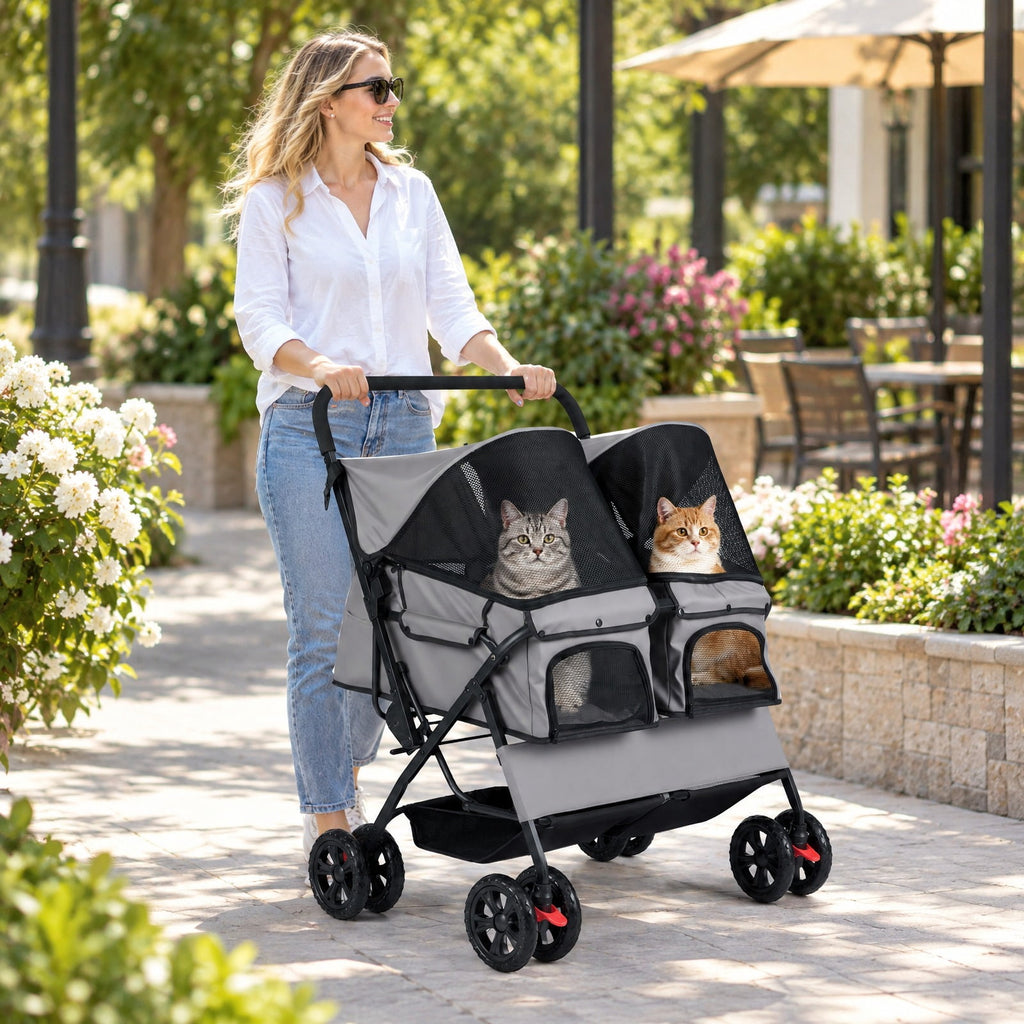 Airfind Foldable Double Pet Stroller with Adjustable Sunshade and Storage Basket, Aluminium Alloy Oxford Fabric PP EVA Frame, Gray