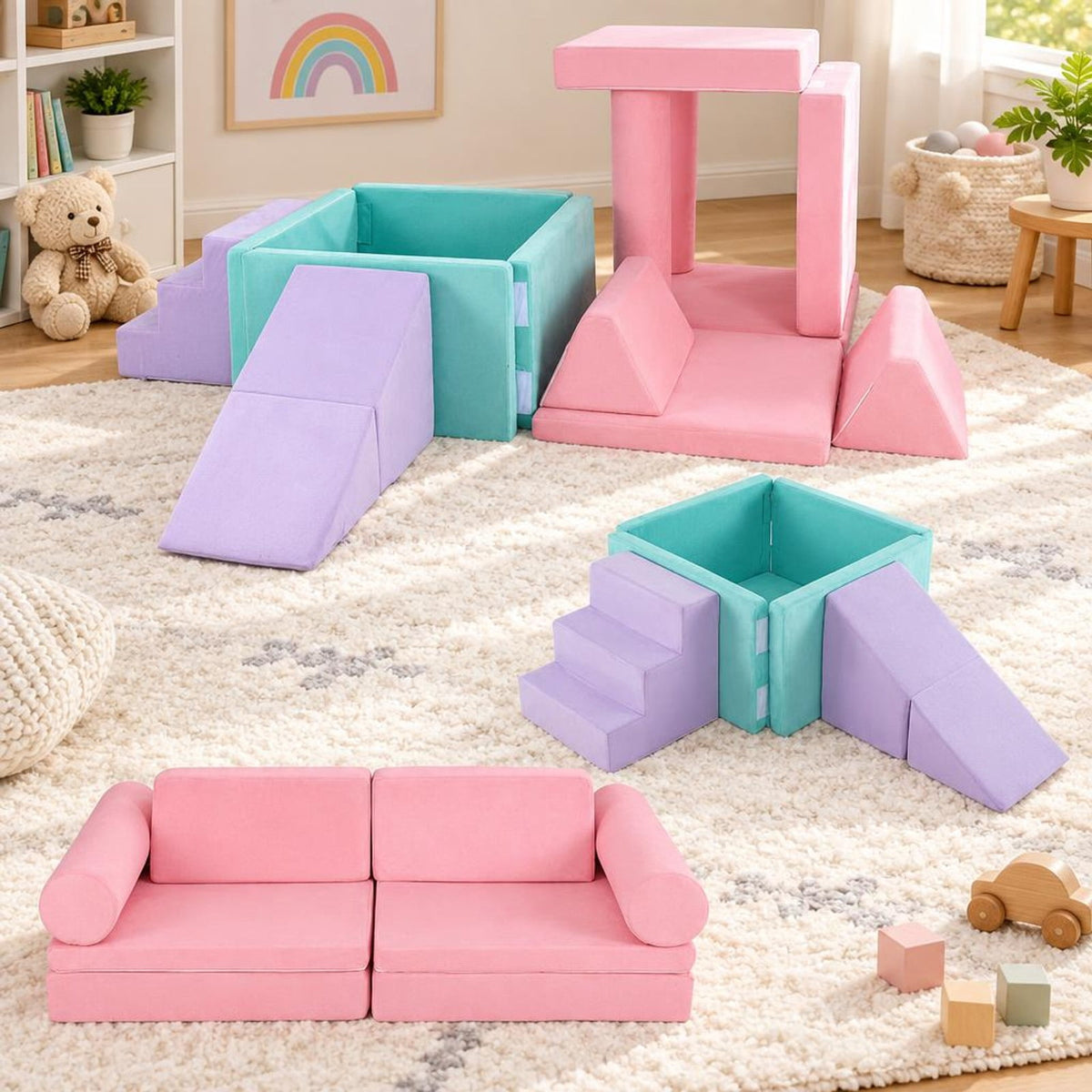 Airfind 8 Pieces Kids Play Couch Foam Building Fort Play Set with Suede Cover, Suede Fabric Sponge Frame, 63in x 31.5in x 19.5in Footprint, Pink