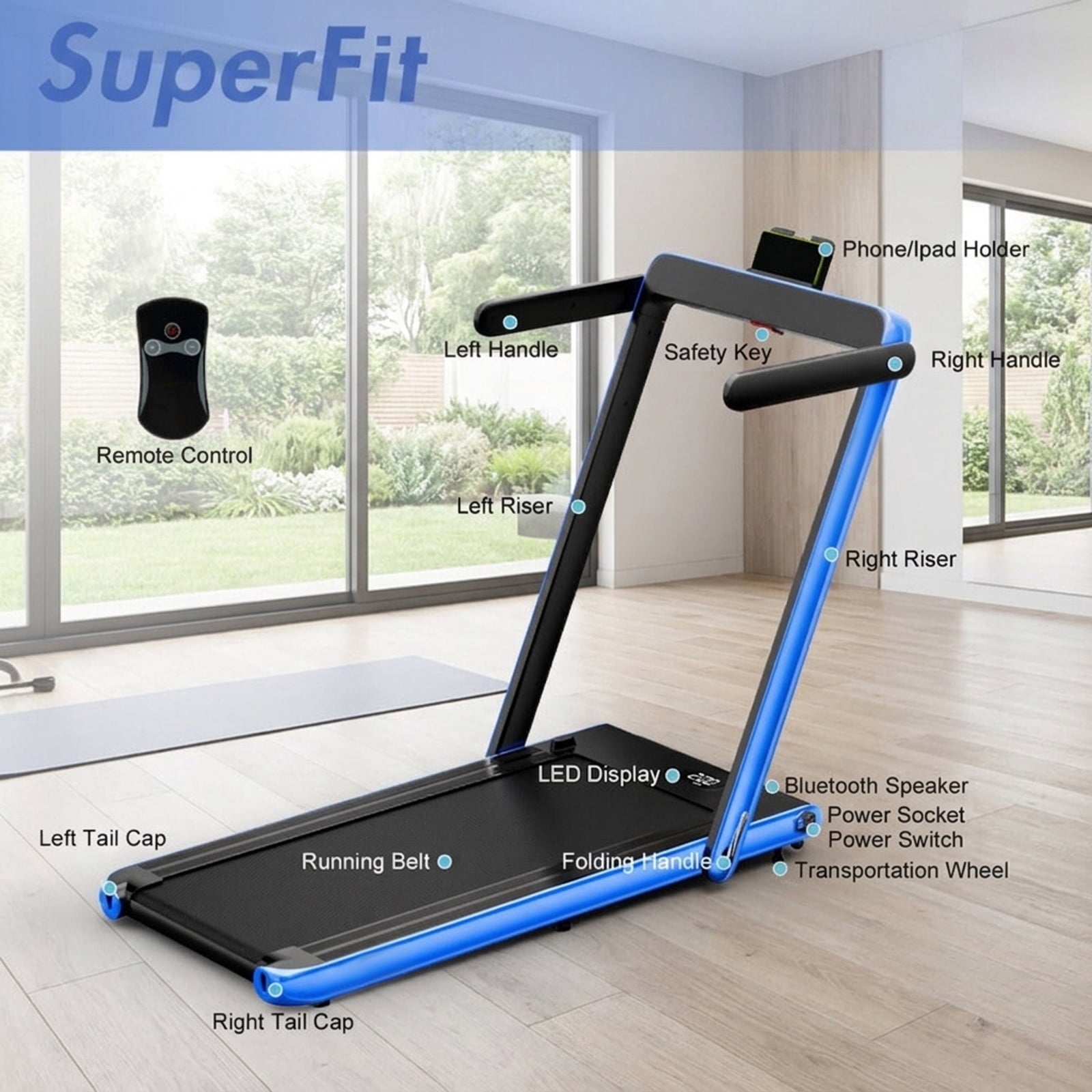 Airfind 2.25HP 2-in-1 Walk-to-Run Folding Treadmill with APP Sync Audio Console, Navy