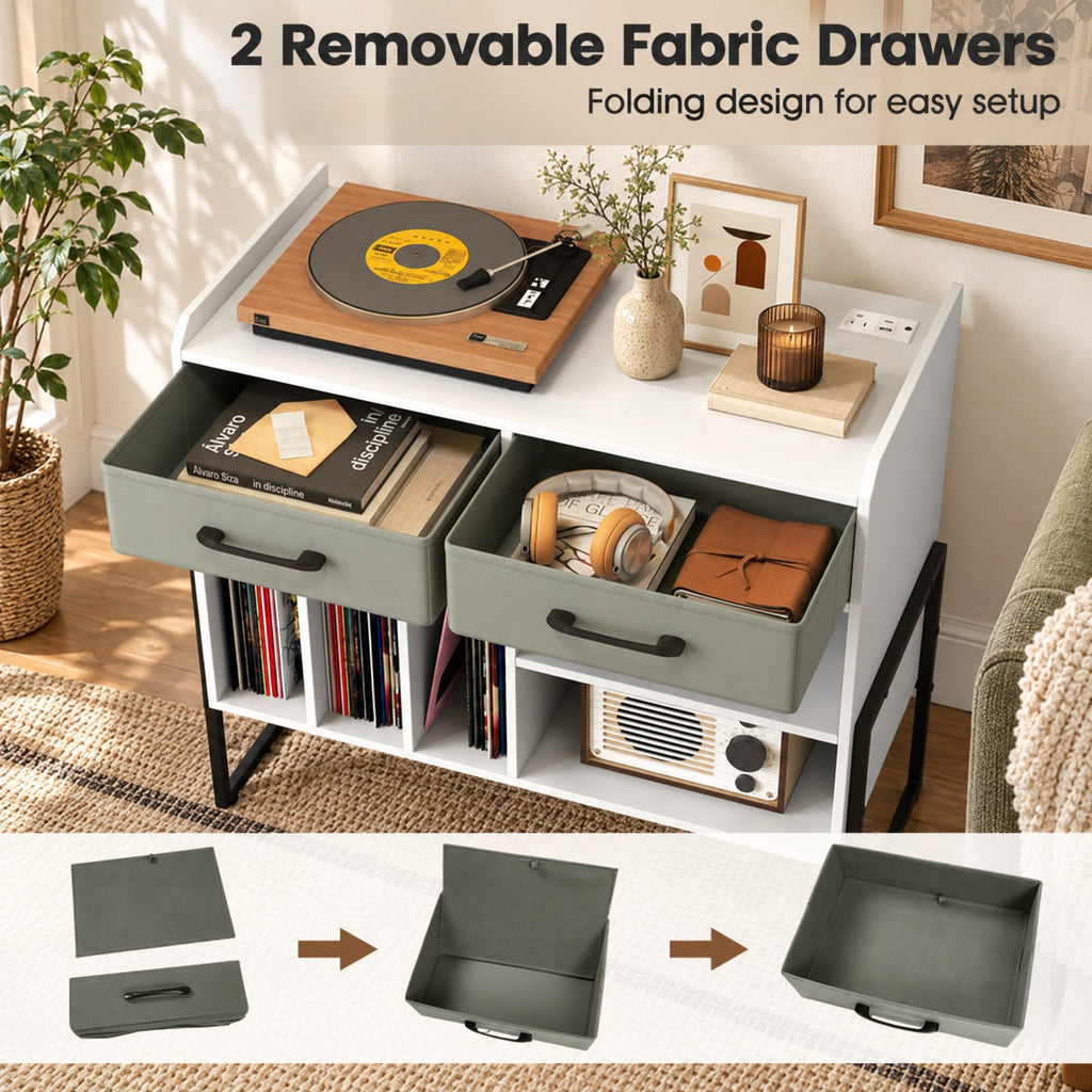 Airfind Large Record Player Stand with Charging Station Mid Century Modern Vinyl Storage Cabinet, 209 lbs Capacity, 30in x 14in x 27in Inside Footprint