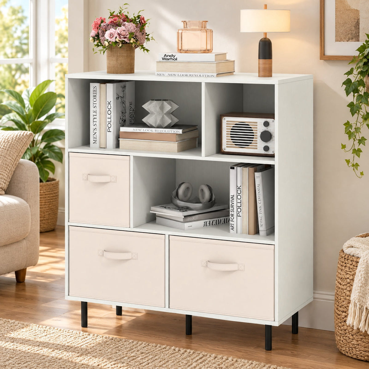 Airfind 6-Cube Bookshelf with 3 Removable Folding Fabric Drawers for Living Room, 330 lbs Capacity, Metal Engineered Wood Frame, White