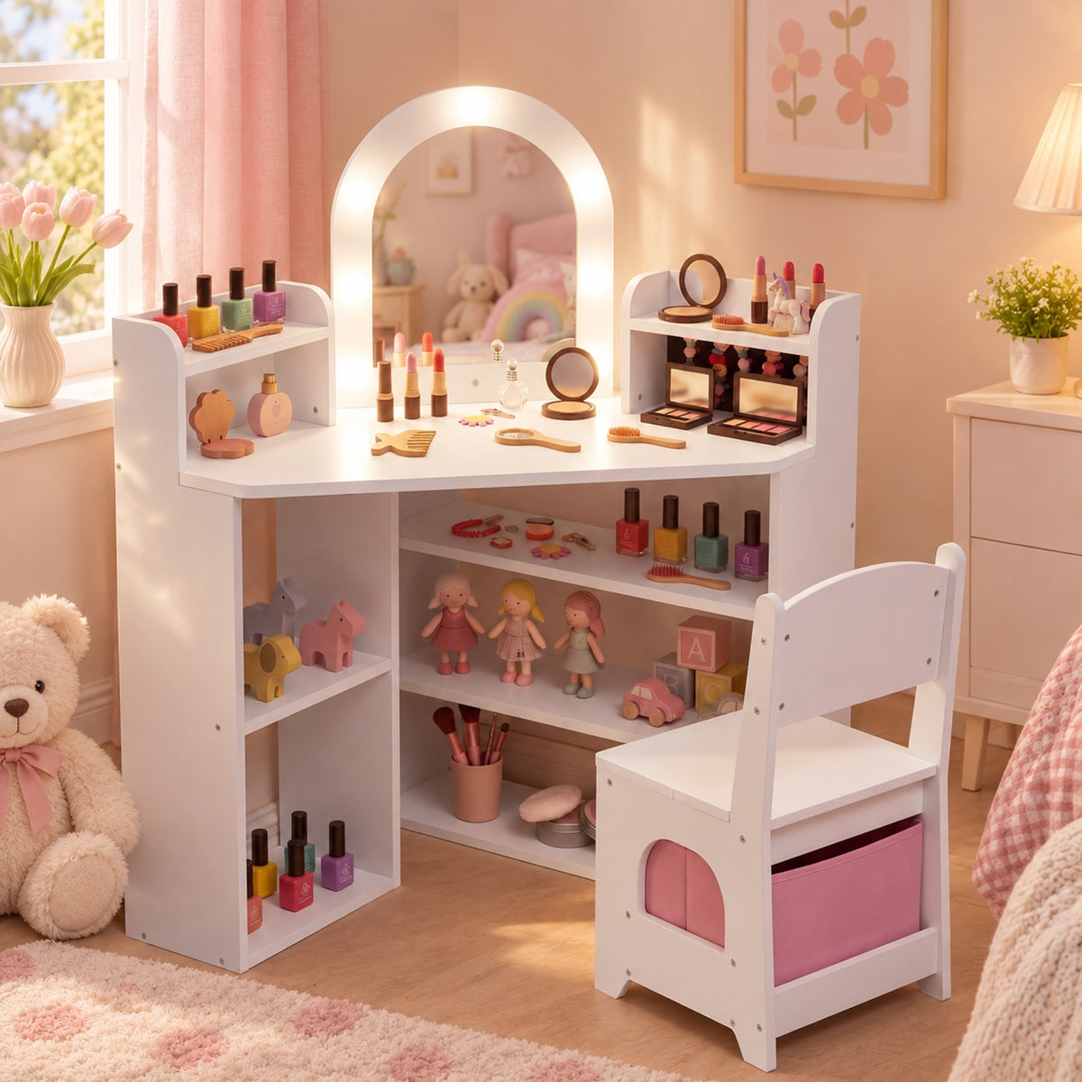 Airfind 2-In-1 Kids Vanity Set with Lights and Ring Slots for Toddlers 3+ Years Old, 45 lbs Capacity, MDF Non-woven Fabric Frame, White