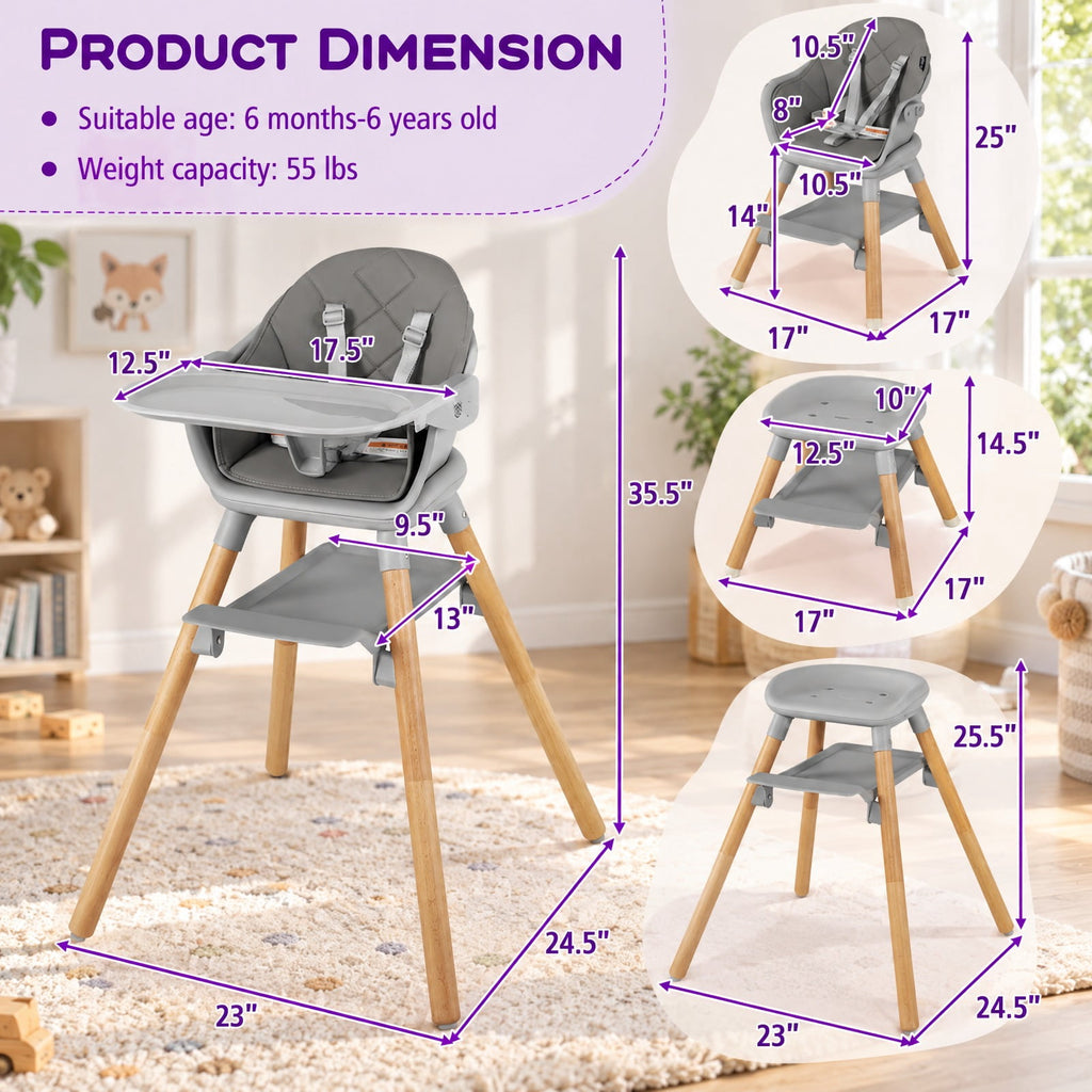 Airfind 6 in 1 Convertible Highchair with Safety Harness and Removable Tray, PP PU Beech Frame, 24.5 x 23 x 35.5 Footprint, Gray