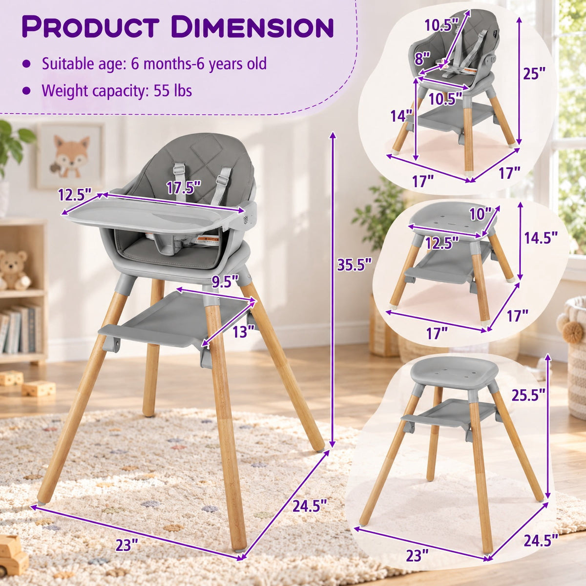 Airfind 6 in 1 Convertible Highchair with Safety Harness and Removable Tray, PP PU Beech Frame, 24.5 x 23 x 35.5 Footprint, Gray