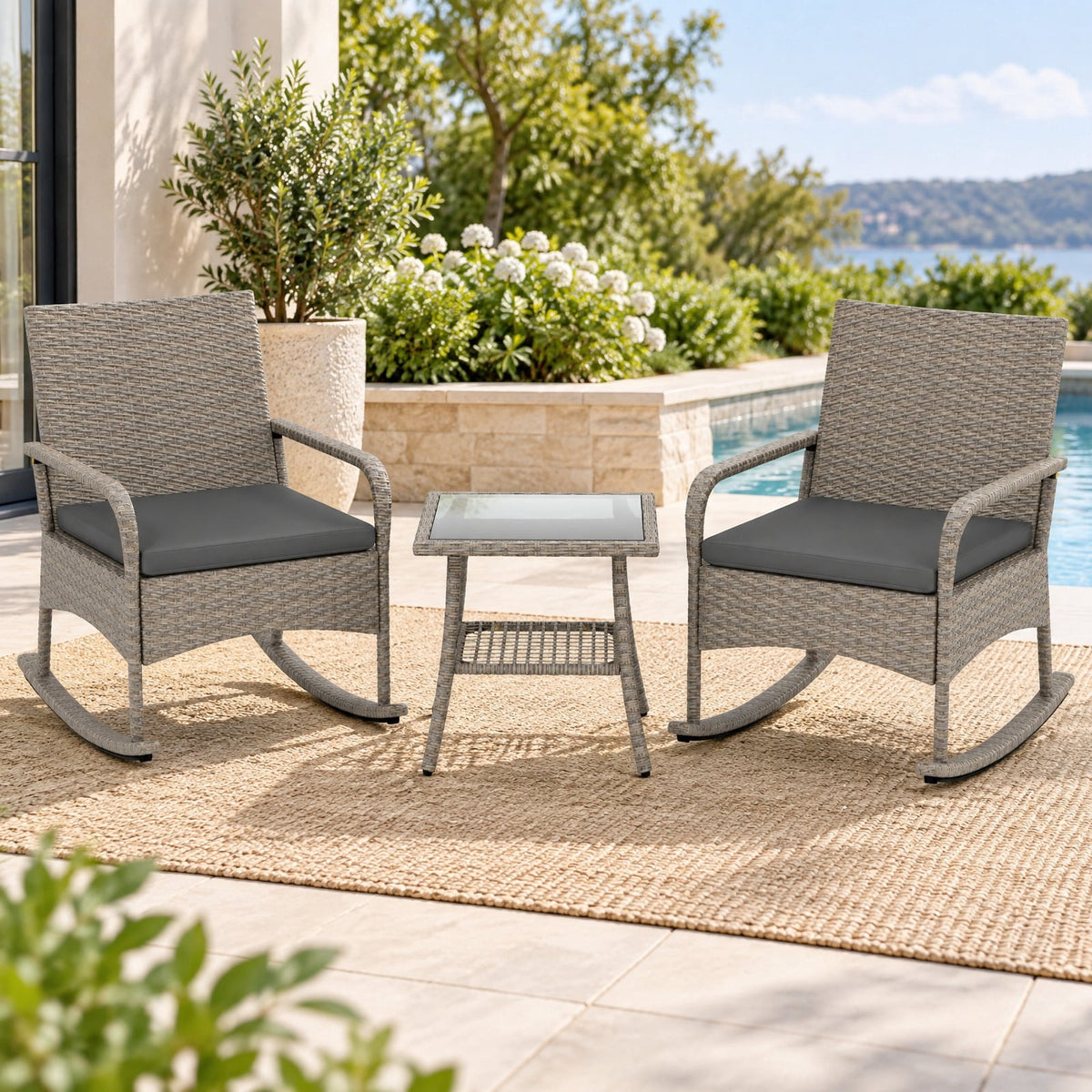 Airfind 3-Piece Wicker Rocking Bistro Set with Cushions for Garden Backyard Porch, of Chair 400 lbs Total Capacity, PE Rattan Frame, Gray