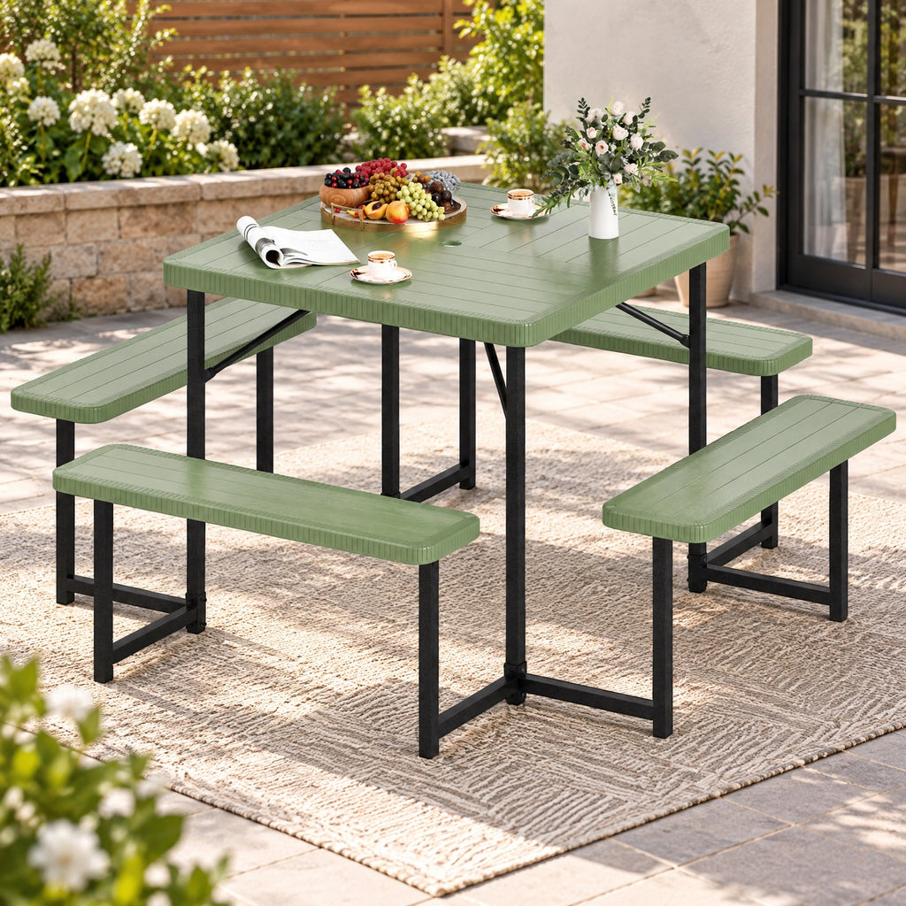 Airfind Outdoor Square Picnic Table Bench Set for 4-8 People with Umbrella Hole, Table 110 lbs Capacity, HDPE Metal Frame, 63 x 63 x 30 Footprint