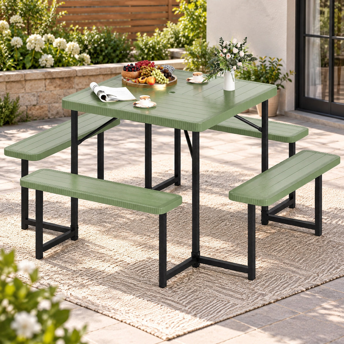 Airfind Outdoor Square Picnic Table Bench Set for 4-8 People with Umbrella Hole, Table 110 lbs Capacity, HDPE Metal Frame, 63 x 63 x 30 Footprint