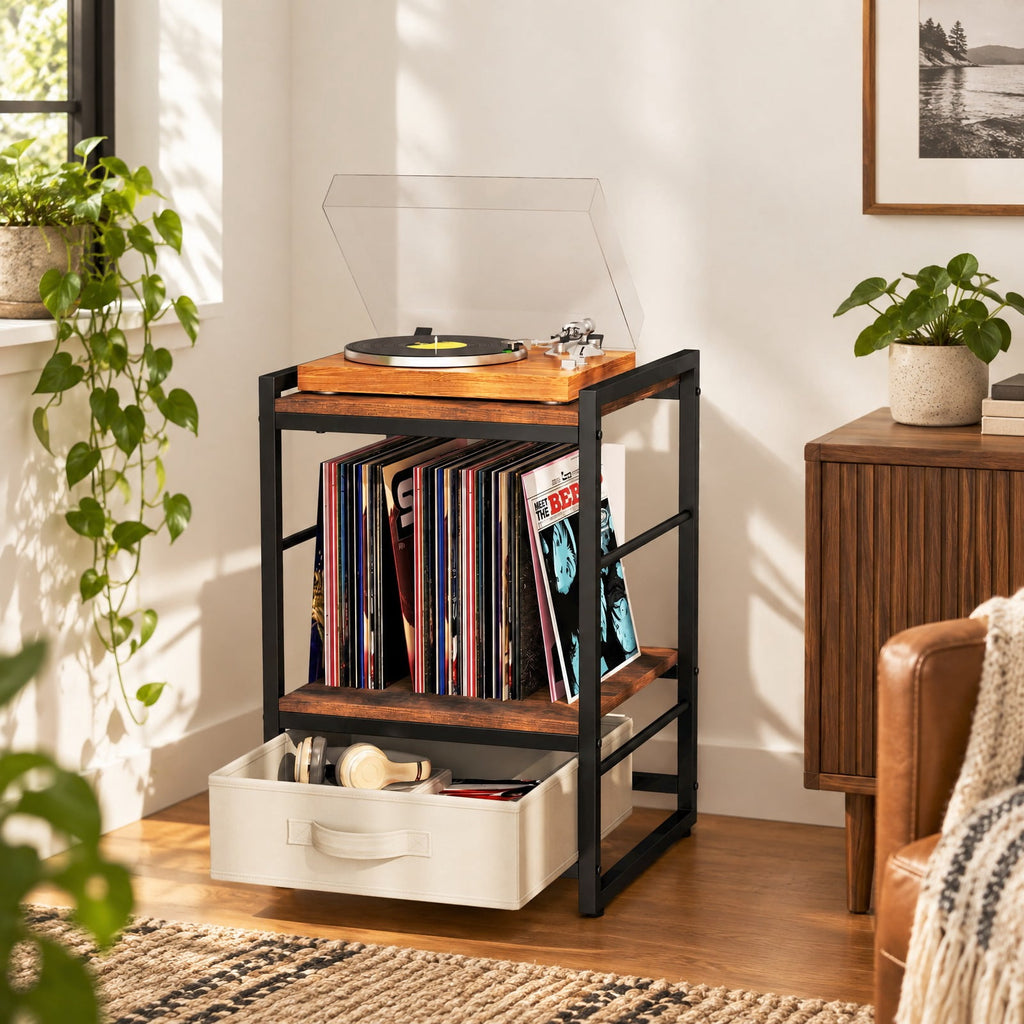 Airfind Nightstand Industrial Bedside Table with Open Storage Shelf and Fabric Drawer, 45 lbs Capacity, 16 x 16 x 24 Footprint, Brown