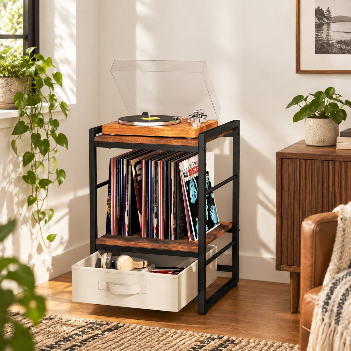 Airfind Nightstand Industrial Bedside Table with Open Storage Shelf and Fabric Drawer, 45 lbs Capacity, 16 x 16 x 24 Footprint, Brown