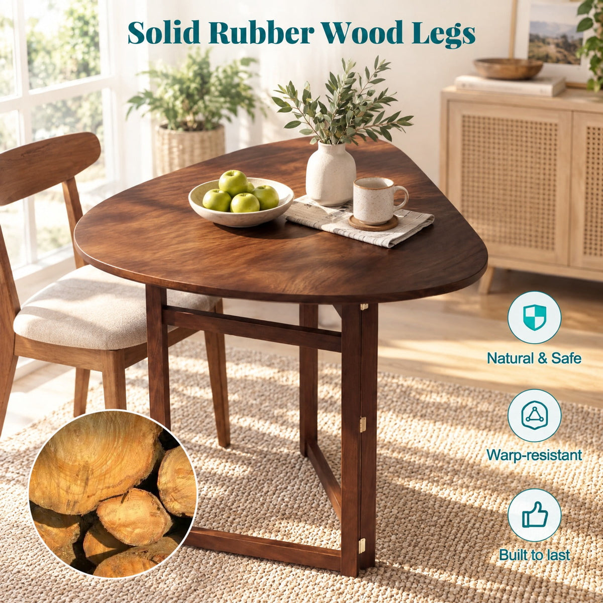 Airfind Foldable Dining Table 31.5 Inch Triangular Small Kitchen Table for 2, 130 lbs Capacity, Rubber Wood MDF Frame, 31.5 Inch x 31.5 Inch x 29.5 Inch Footprint