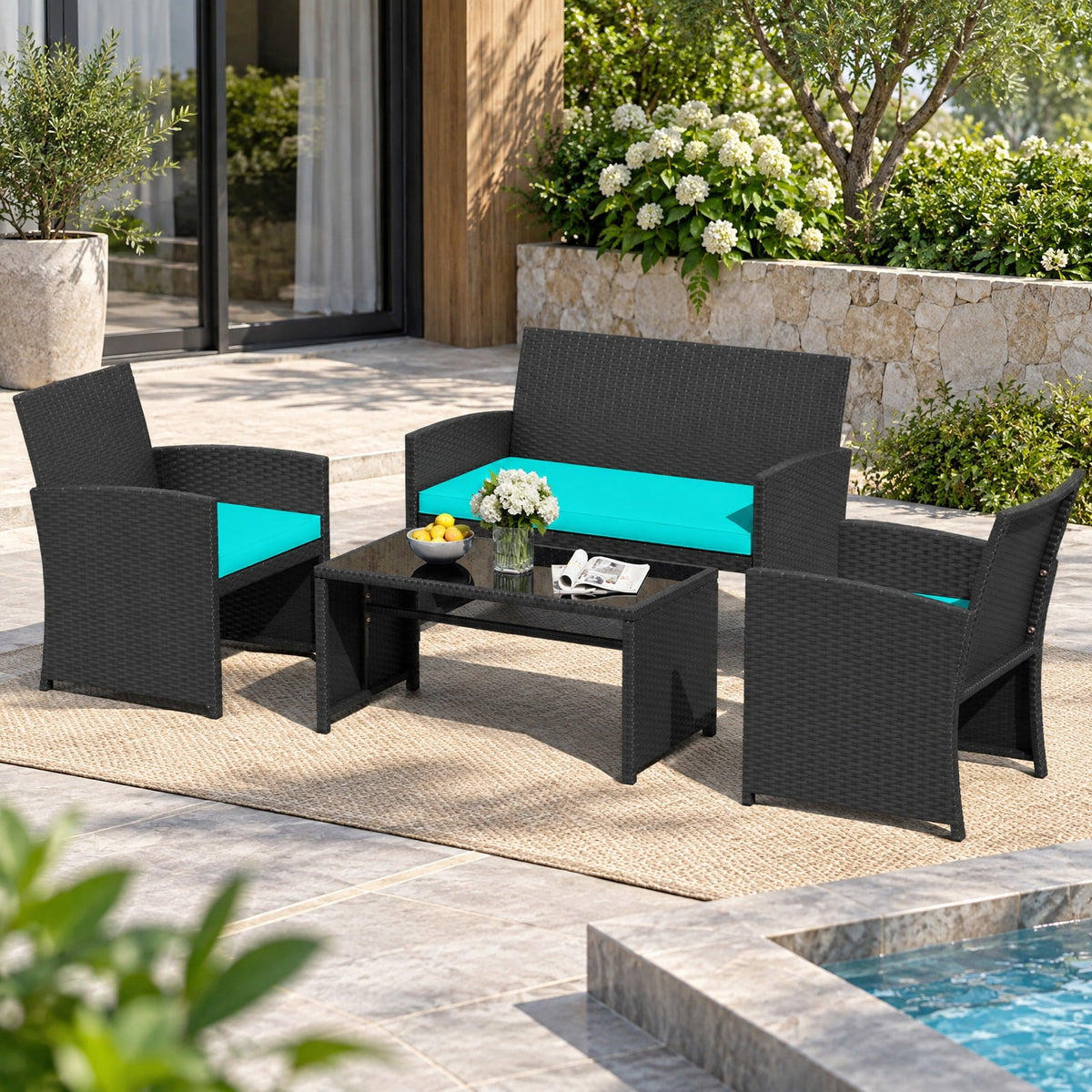 Airfind 4 Pieces Patio Furniture Set with Tempered Glass Tabletop and Removable Cushion, 400 lbs Capacity, Rattan Steel Sponge Frame, Turquoise