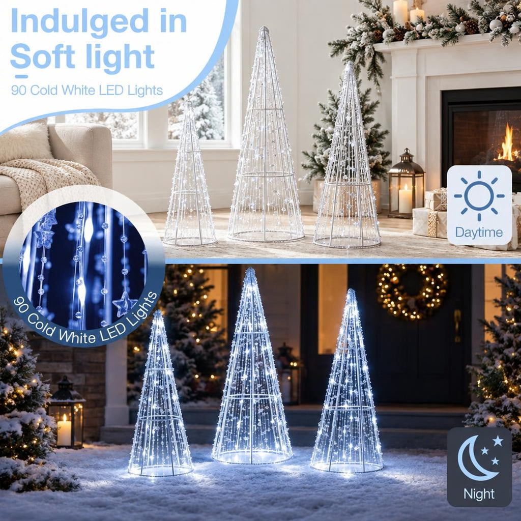 Airfind Set of 3 Pre-lit Christmas Cone Trees with Star Strings for Christmas-Cold White, Metal PS PVC Large Tree Frame, White