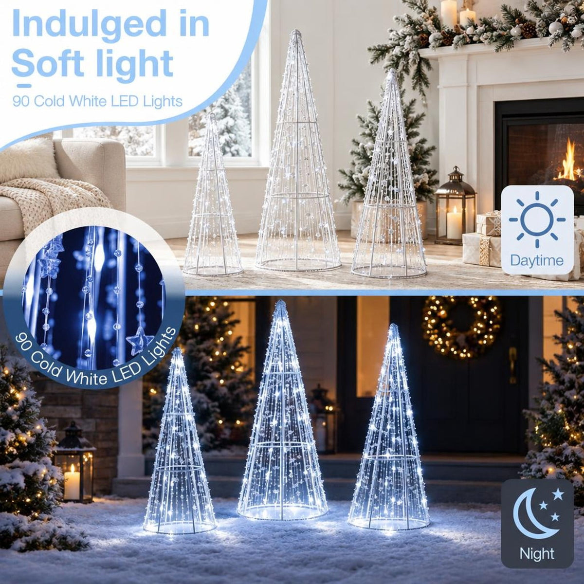 Airfind Set of 3 Pre-lit Christmas Cone Trees with Star Strings for Christmas-Cold White, Metal PS PVC Large Tree Frame, White