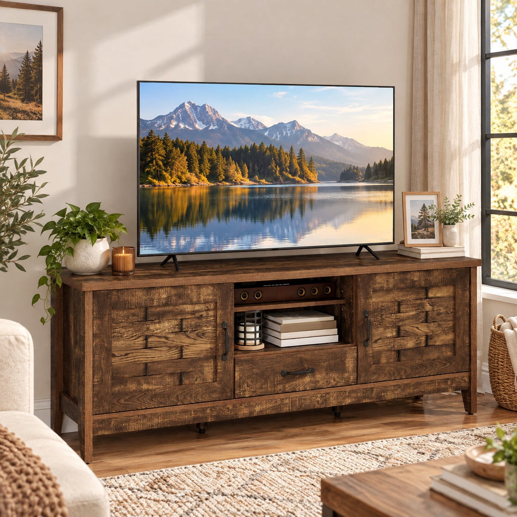 Airfind TV Stand, Farmhouse, for 65 Inch TVs with 2 Woven Accent Doors and 3 Adjustable Shelves, 110 lbs Capacity, Engineered Wood MDF Frame, Brown