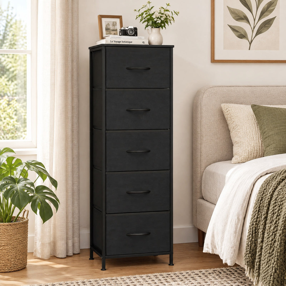Airfind Dresser Nightstand with 5 Roomy Fabric Drawers for Bedroom, 130 lbs Capacity, Metal Engineered Wood Non-Woven Fabric Frame, Black