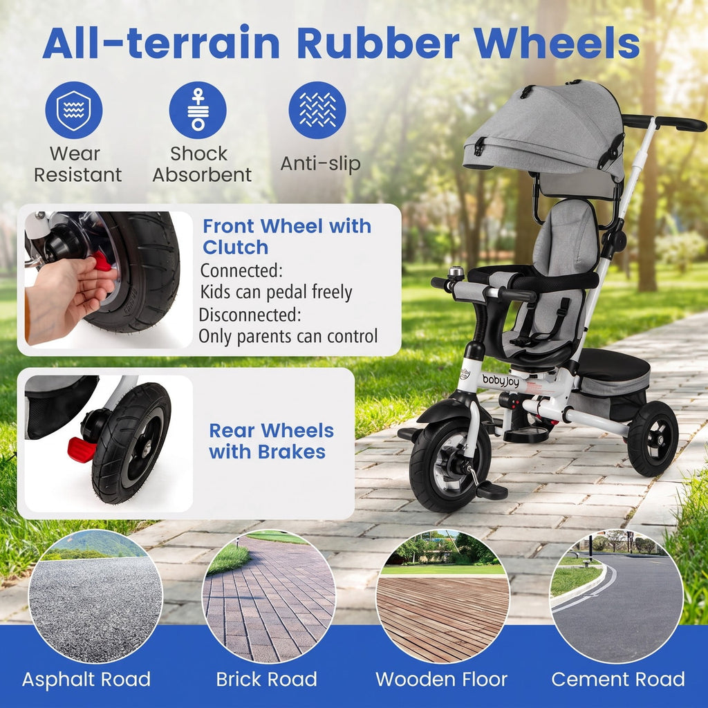 Airfind Folding Tricycle Baby Stroller with Reversible Seat and Adjustable Canopy, 55 lbs Capacity, Metal PP Linen Fabric Rubber Frame, Gray