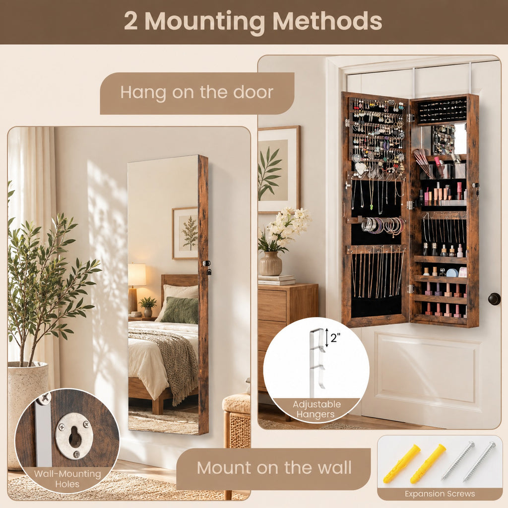 Airfind 43.5 Inch Jewelry Mirror Cabinet with Full-length Mirror and Adjustable Hangers, MDF Frame, Brown