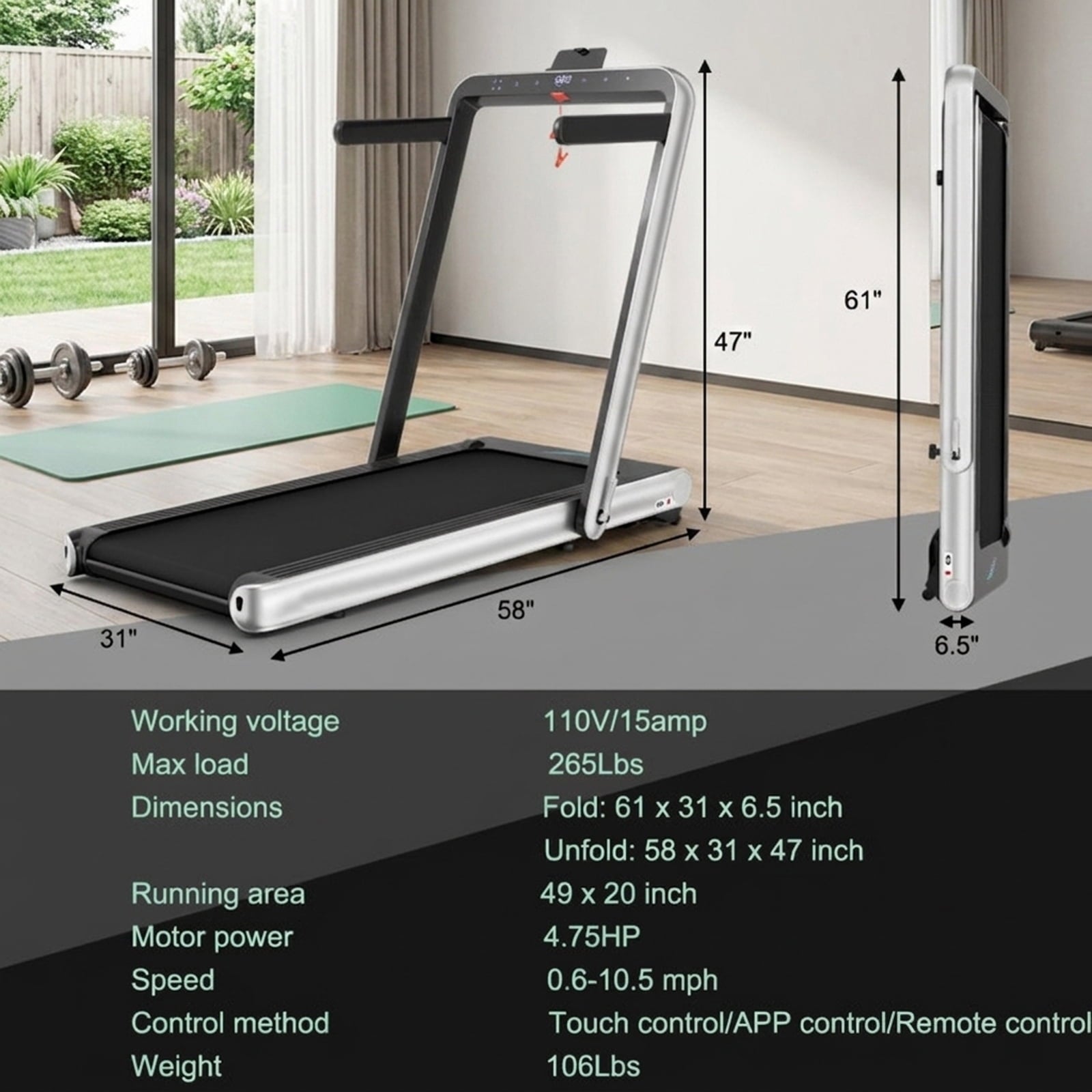 Airfind 4.75HP 2-in-1 Walk-to-Run Folding Treadmill with APP Sync, Silver