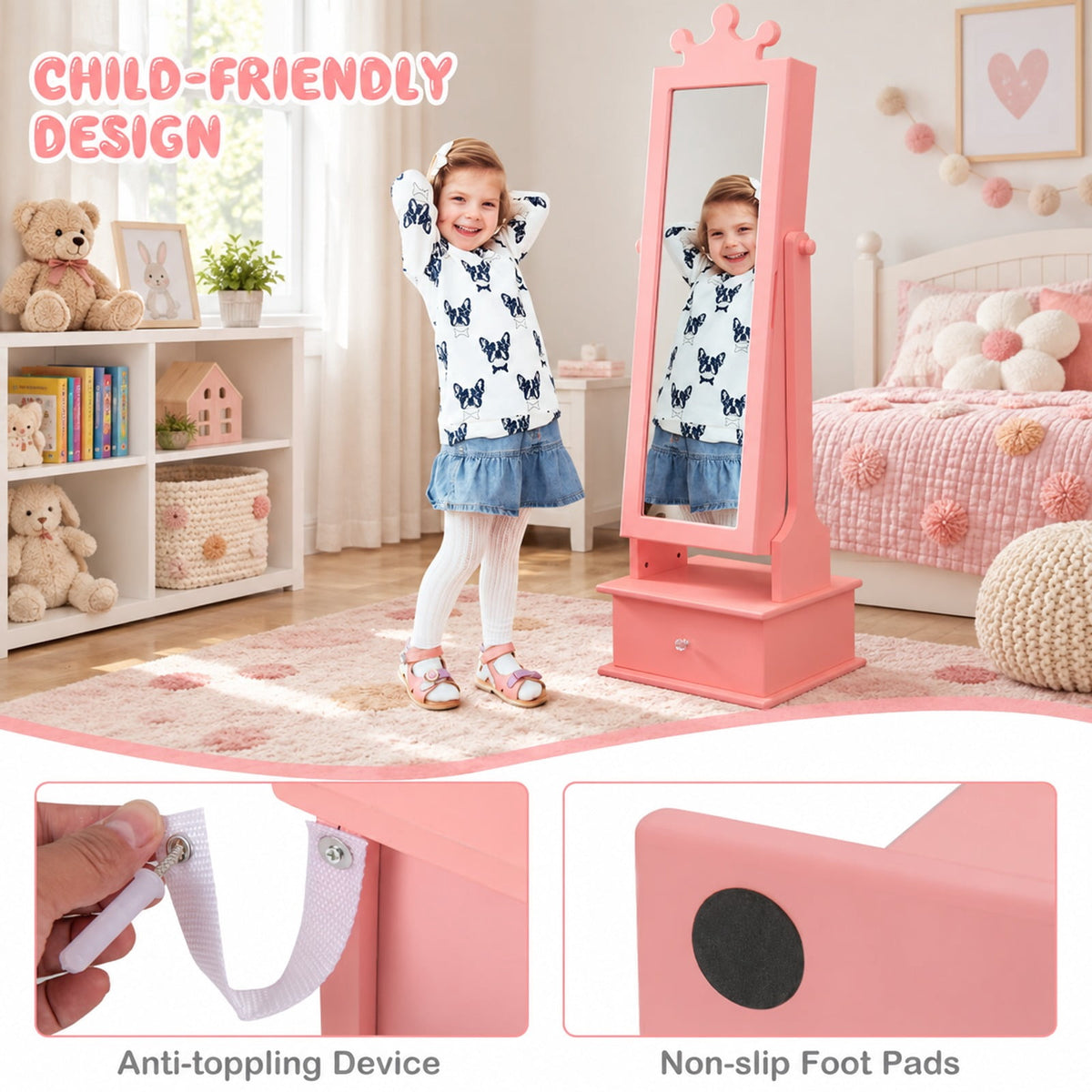 Airfind 2-in-1 Kids Play Jewelry Armoire with Full Length Mirror and Drawers, MDF Glass Frame, for 3+ Years Old, 13.5 x 12 x 40.5/44.5 Footprint