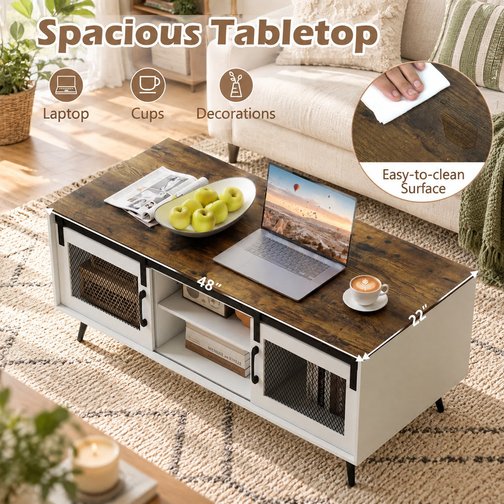 Airfind Farmhouse Coffee Table with Sliding Doors Rectangular with Adjustable Shelf, 100 Lbs Capacity, Engineered Wood Metal, Coffee