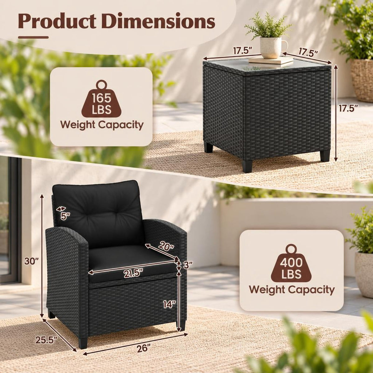 Airfind 3 Pieces Patio Furniture Set with Tempered Glass Coffee Table, 400 lbs Capacity, PE Rattan Metal Tempered Glass Polyester Sponge Frame