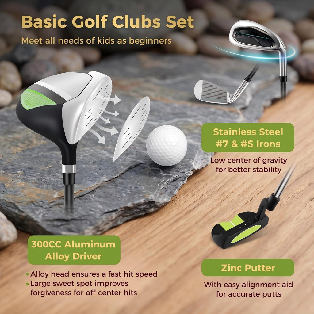 Airfind Junior Complete Golf Club Set for Kids Ages 8-10, Right Handed Youth Golf Clubs with Stand Bag, Rain Hood, Driver, Irons and Putter, Green