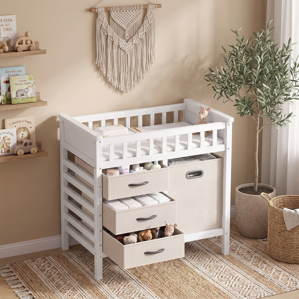 Airfind Wooden Baby Changing Table Diaper Changing Station with 3 Fabric Storage Drawers, 30 lbs Capacity, Engineered Wood Pine PEVA Foam Frame