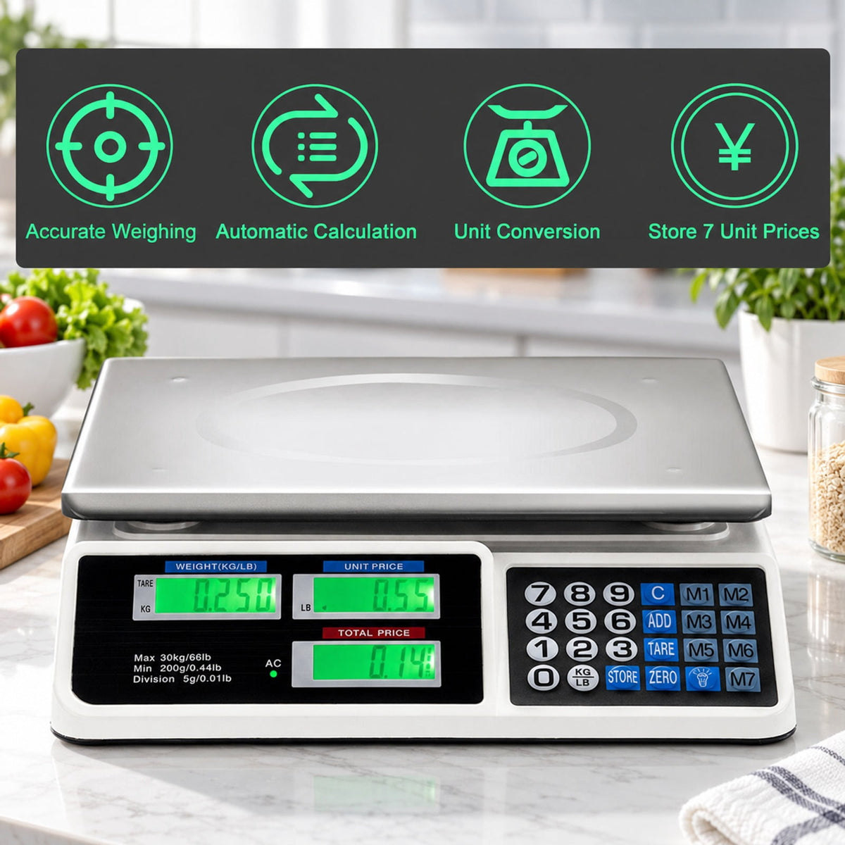 Airfind 66 lbs Electronic Price Computing Scale with LCD Screen Display, 66lbs Capacity, ABS Frame, 13.5 x13 x4 Footprint, Steel