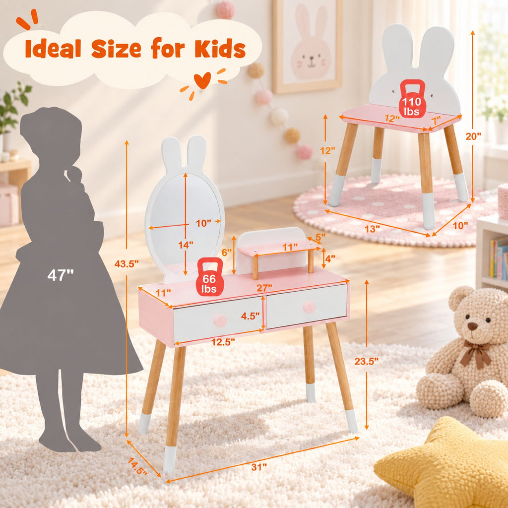 Airfind Kids Vanity Table and Chair Set with Drawer Shelf and Rabbit Mirror, 66 lbs Capacity, MDF Beech Wood Frame, White