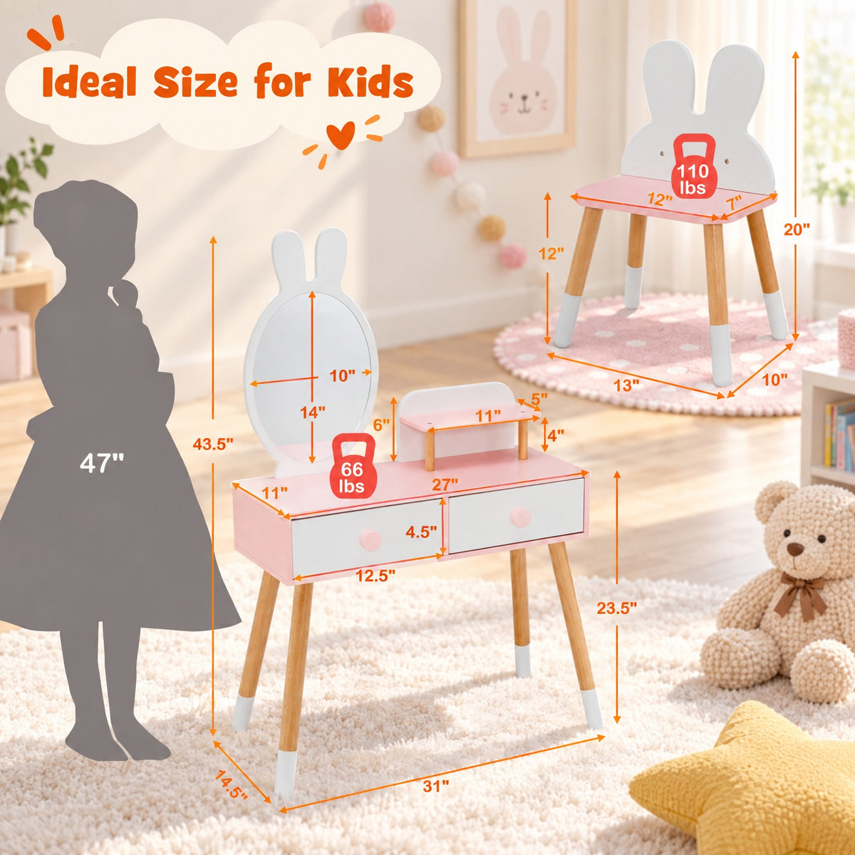 Airfind Kids Vanity Table and Chair Set with Drawer Shelf and Rabbit Mirror, 66 lbs Capacity, MDF Beech Wood Frame, White