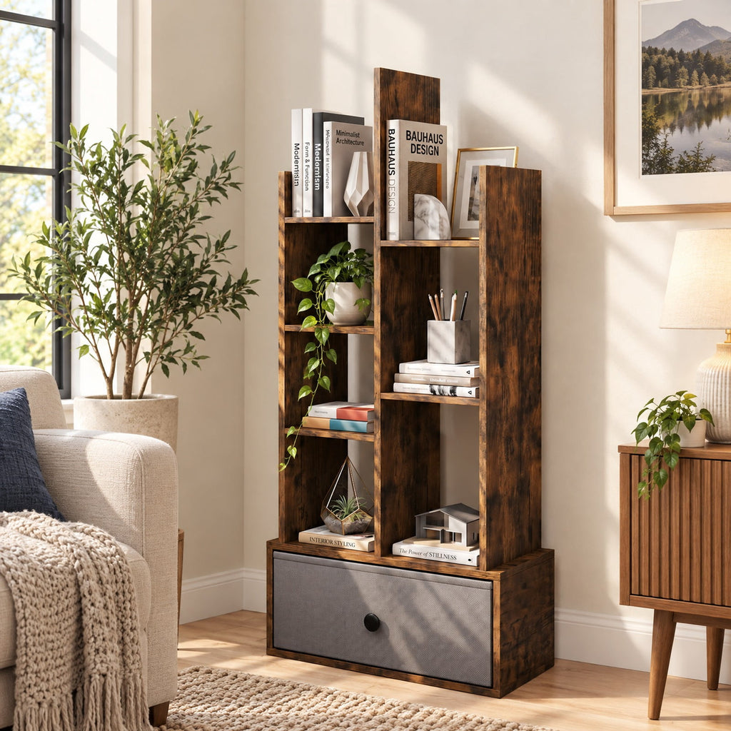 Airfind 7-Tier Open-Back Bookshelf with Drawer, 33 lbs Capacity, Engineered wood Frame, 21 Inch x 9.5 Inch x 47 Inch Footprint, Brown