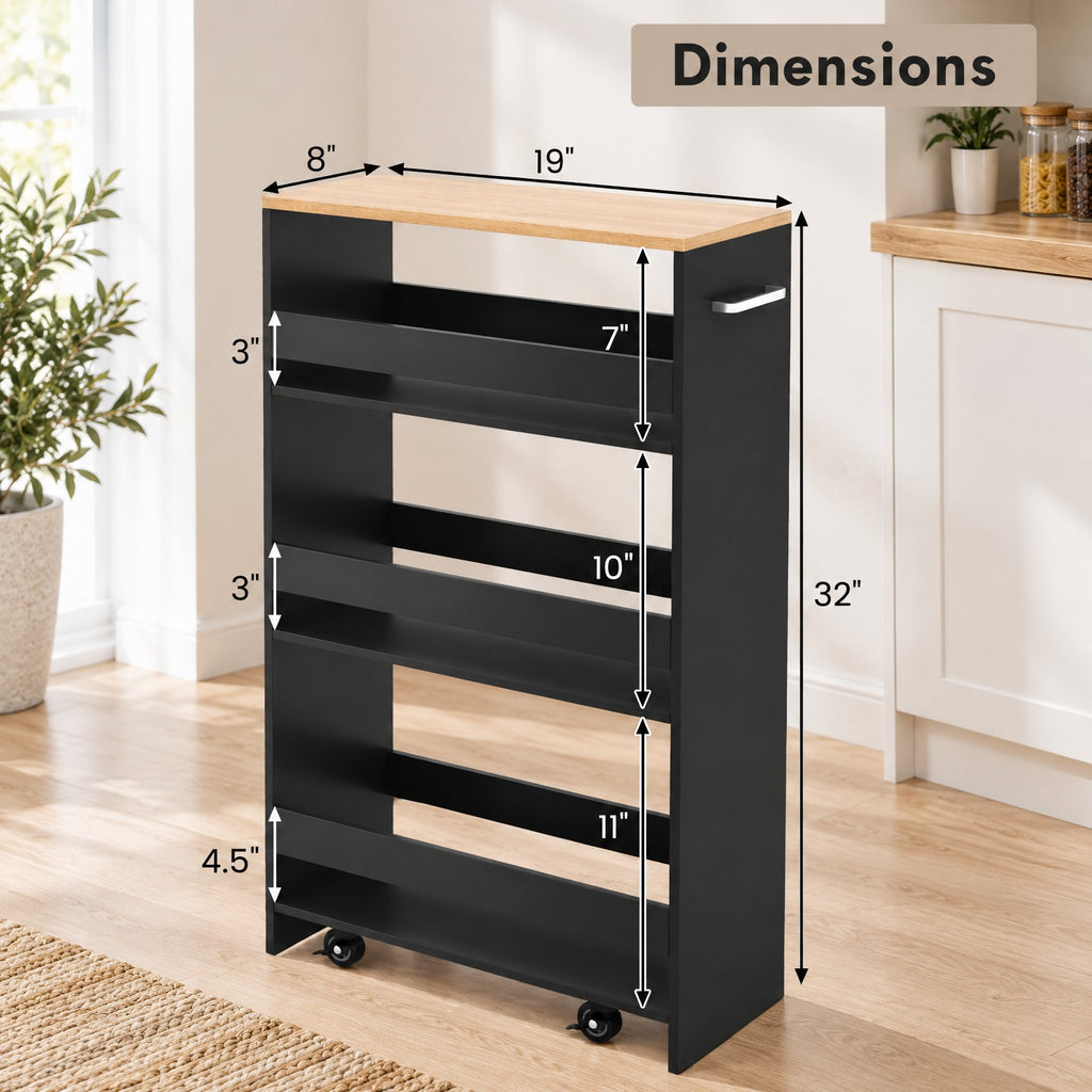 Airfind 4-Tier Rolling Storage Cart Slim Kitchen Cart on Wheels with Open Shelves and Handle, 15 lbs Capacity, Engineered Wood Metal Frame, Black