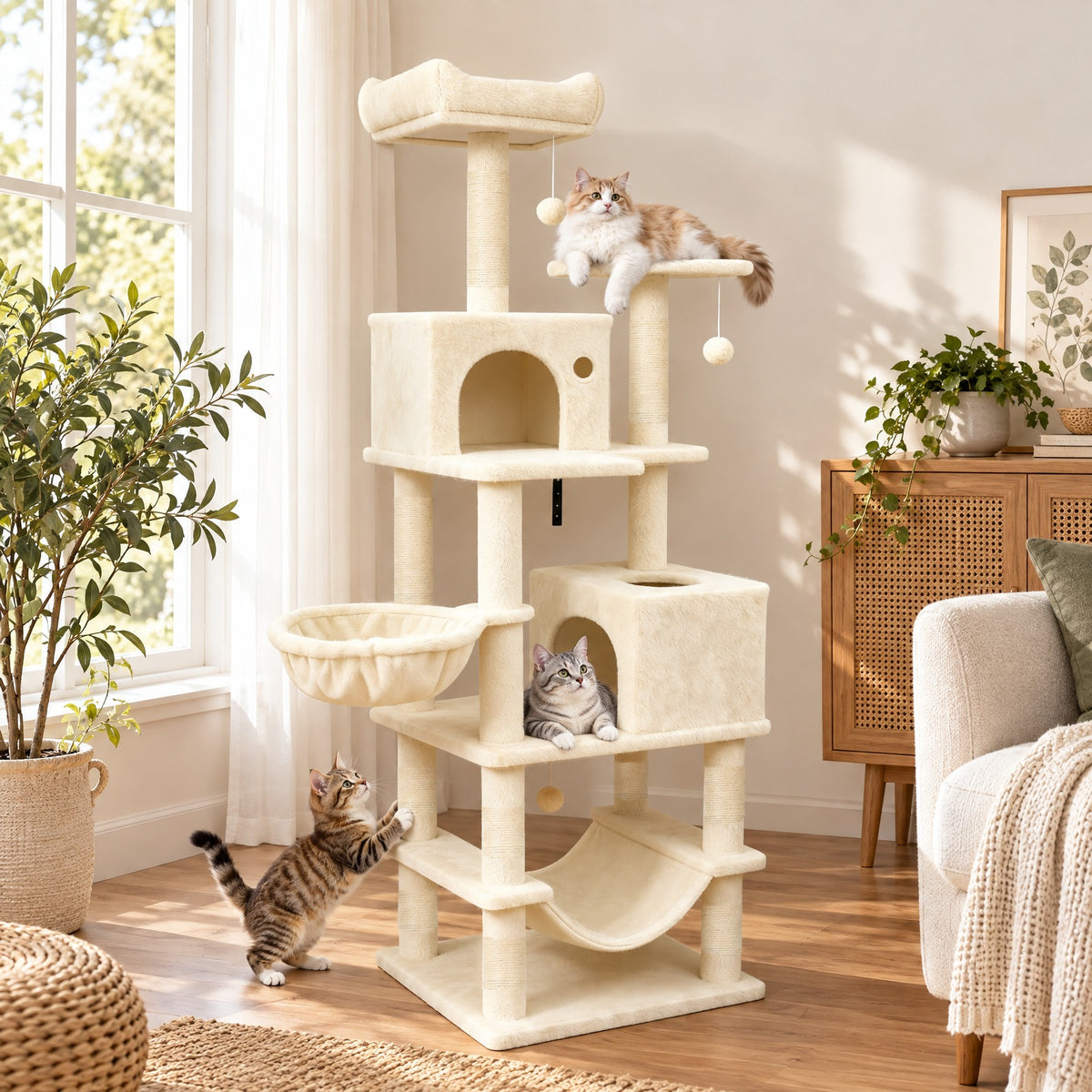 Airfind 66 Inch Tall Cat Tree Multi-Level Cat Tower with 2 Condos Sisal Scratching Posts, 33 lbs Capacity, Beige