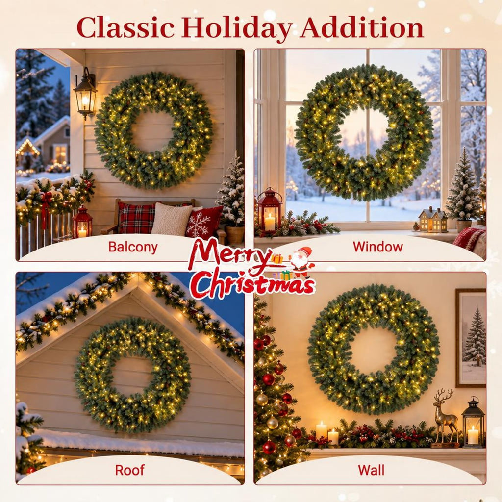 Airfind 60 Inch Pre-Lit Artificial Christmas Wreath 200 LED Warm White Lights-1 Piece, PVC Metal Frame, 60 x 60 Footprint, White