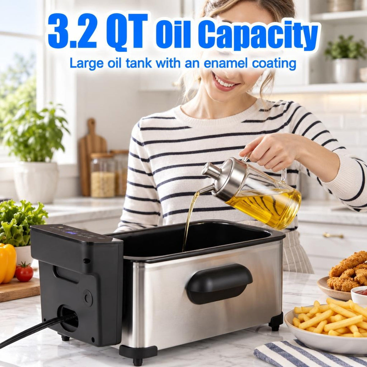 Airfind 3.2-Qt Electric Deep Fryer featuring 1700W LED Touch Screen and Enamel Oil Tank, Stainless Steel PP Enamel Frame, Silver