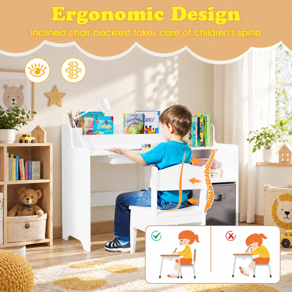 Airfind Kids Study Desk and Chair Set with Open Shelves Drawer and Fabric Storage Bin, 44 lbs Capacity, MDF Non-woven Fabric Desk Frame, White
