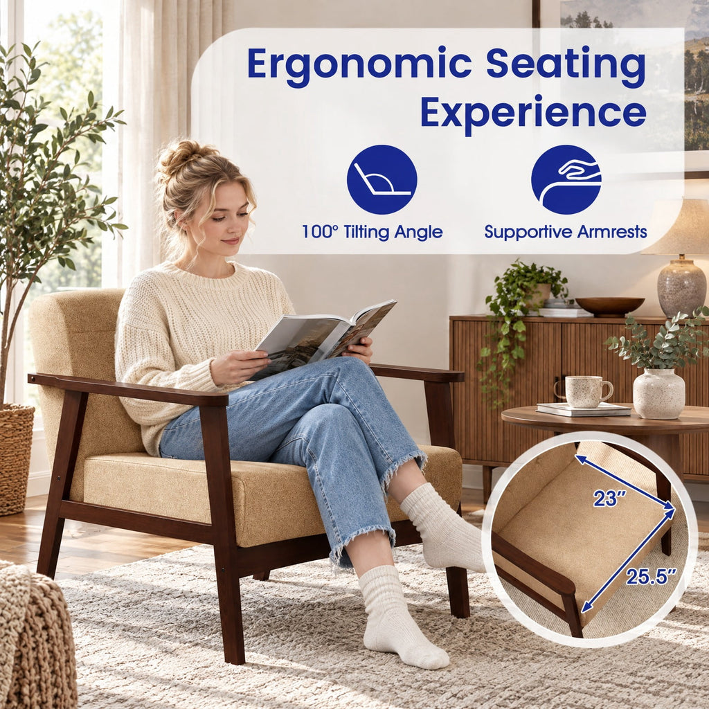 Airfind Rubber Wood Frame Accent Chair with Armrest for Living Room, 330 lbs Capacity, Rubber Wood Sponge Linen Fabric MDF Frame, Beige