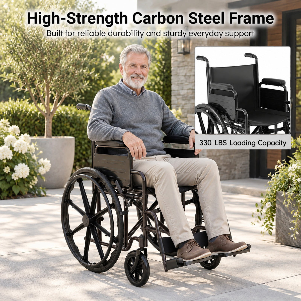 Airfind Lightweight Folding Wheelchair for Adults with Swing-Away Footrest and Desk Arm, 330 lbs Capacity, Metal Faux Leather Nylon Plastic Frame