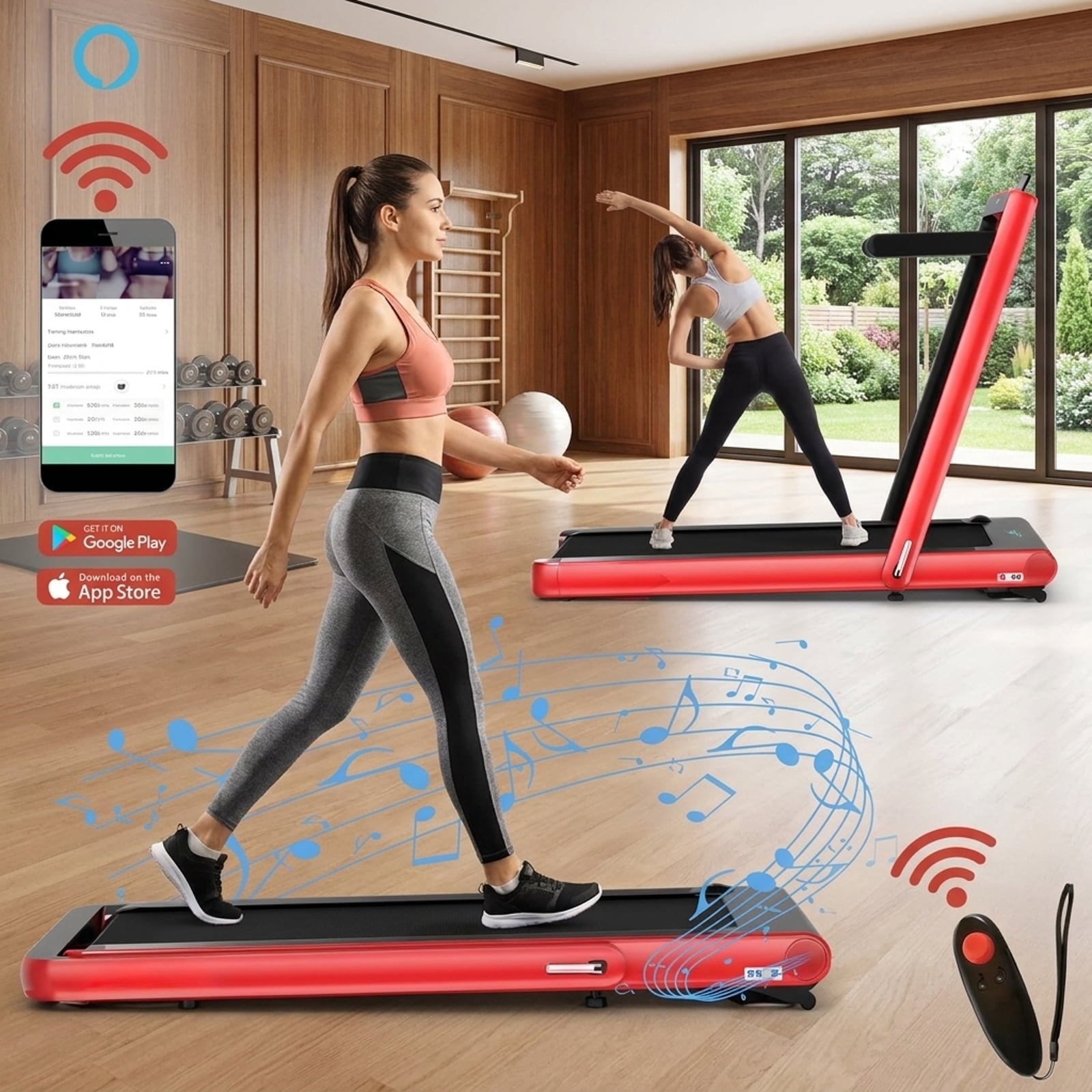 Airfind 4.75HP 2-in-1 Walk-to-Run Folding Treadmill with APP Sync, Red