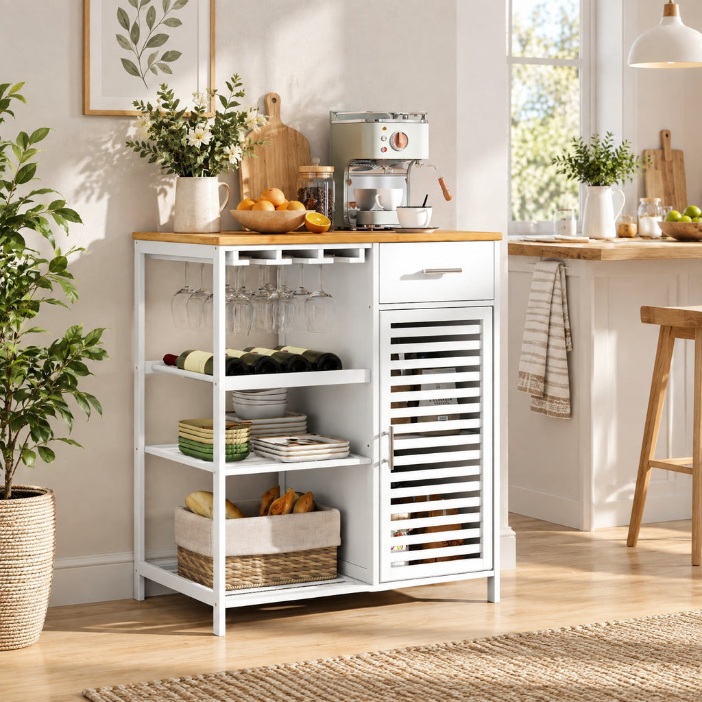 Airfind Coffee Bar Cabinet with Glass Holder Wine Rack and Bamboo Top, White, Smooth painted surface for easy maintenance