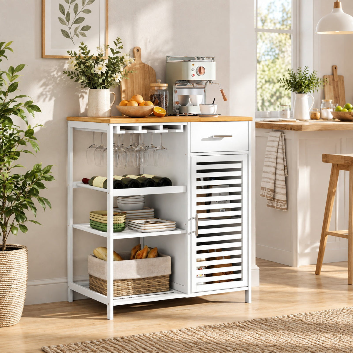 Airfind Coffee Bar Cabinet with Glass Holder Wine Rack and Bamboo Top, White, Smooth painted surface for easy maintenance