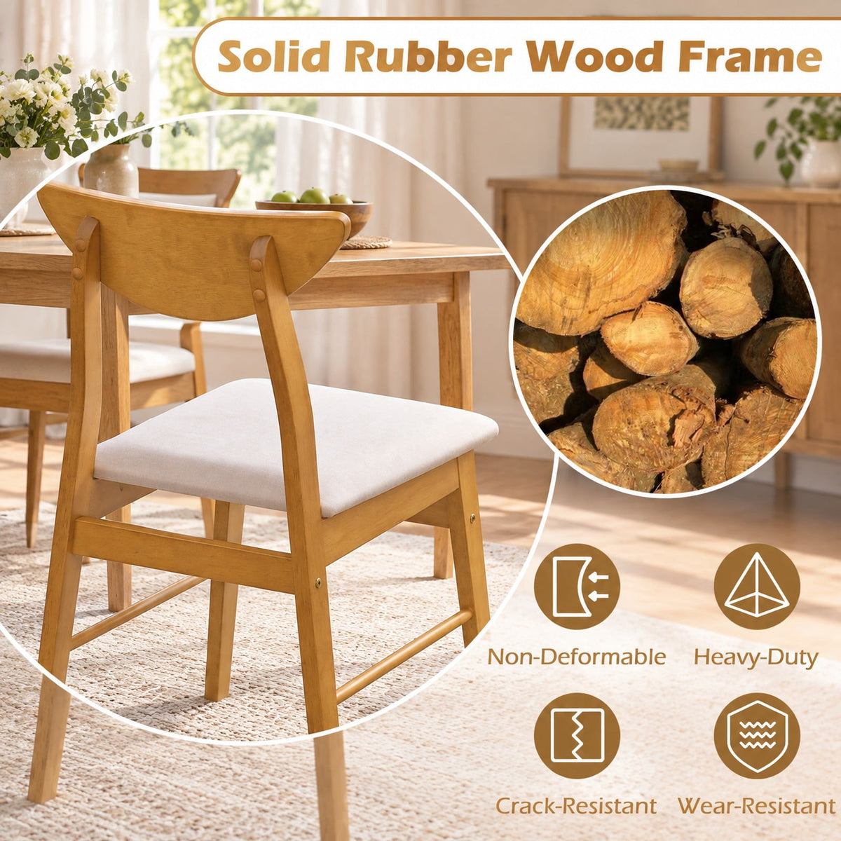 Airfind Set of 2 Upholstered Dining Chairs with Curved Backrest and Rubber Wood Frame, 330 lbs Capacity, Rubber Wood Frame, Natural