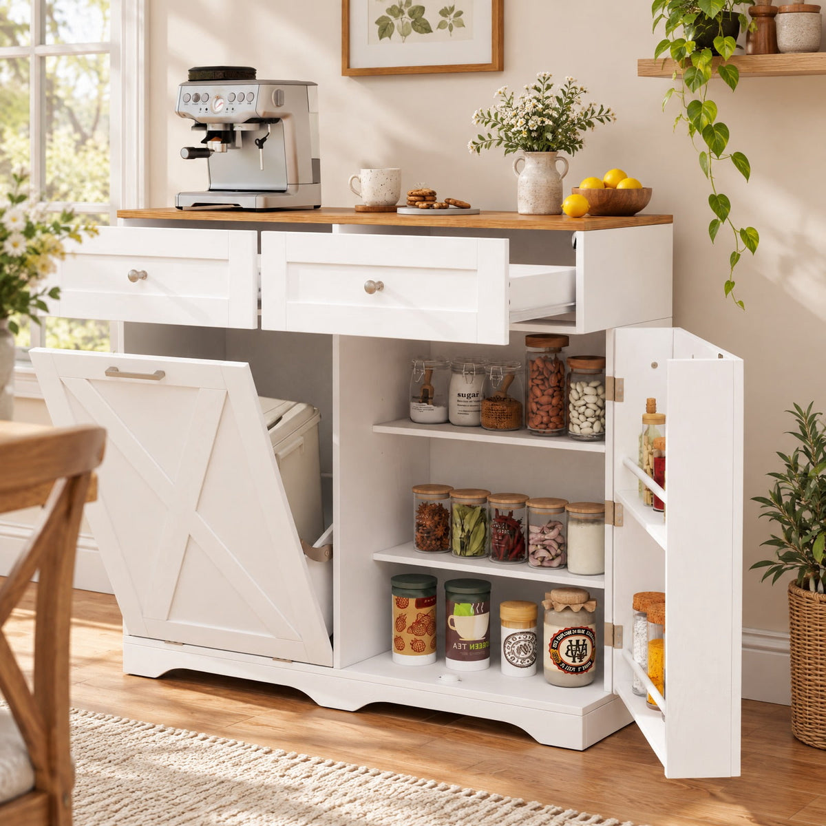 Airfind Tilt Out Trash Can Cabinet featuring Outlets and Adjustable Shelf, 100 lbs Countertop Capacity, MDF Engineered Wood Frame, White