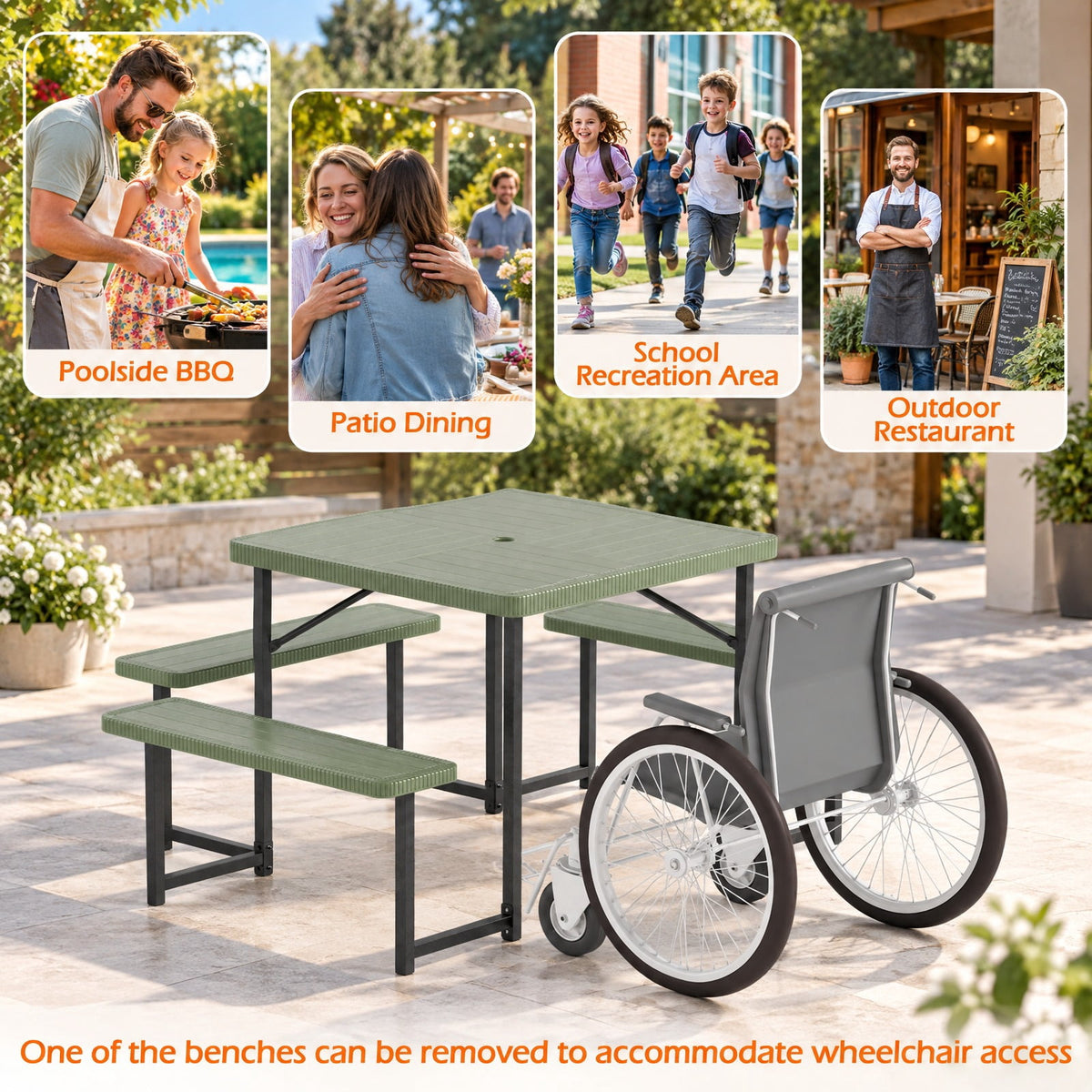 Airfind Outdoor Square Picnic Table Bench Set for 4-8 People with Umbrella Hole, Table 110 lbs Capacity, HDPE Metal Frame, 63 x 63 x 30 Footprint