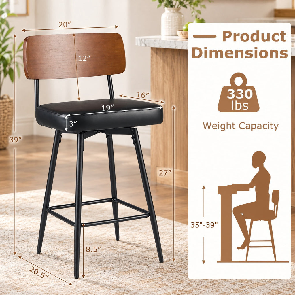 Airfind 27 Inch Padded Counter, Barstools Set of 2 with Metal Legs, 330 lbs Capacity, Metal Plywood PU Leather Sponge Frame, Black