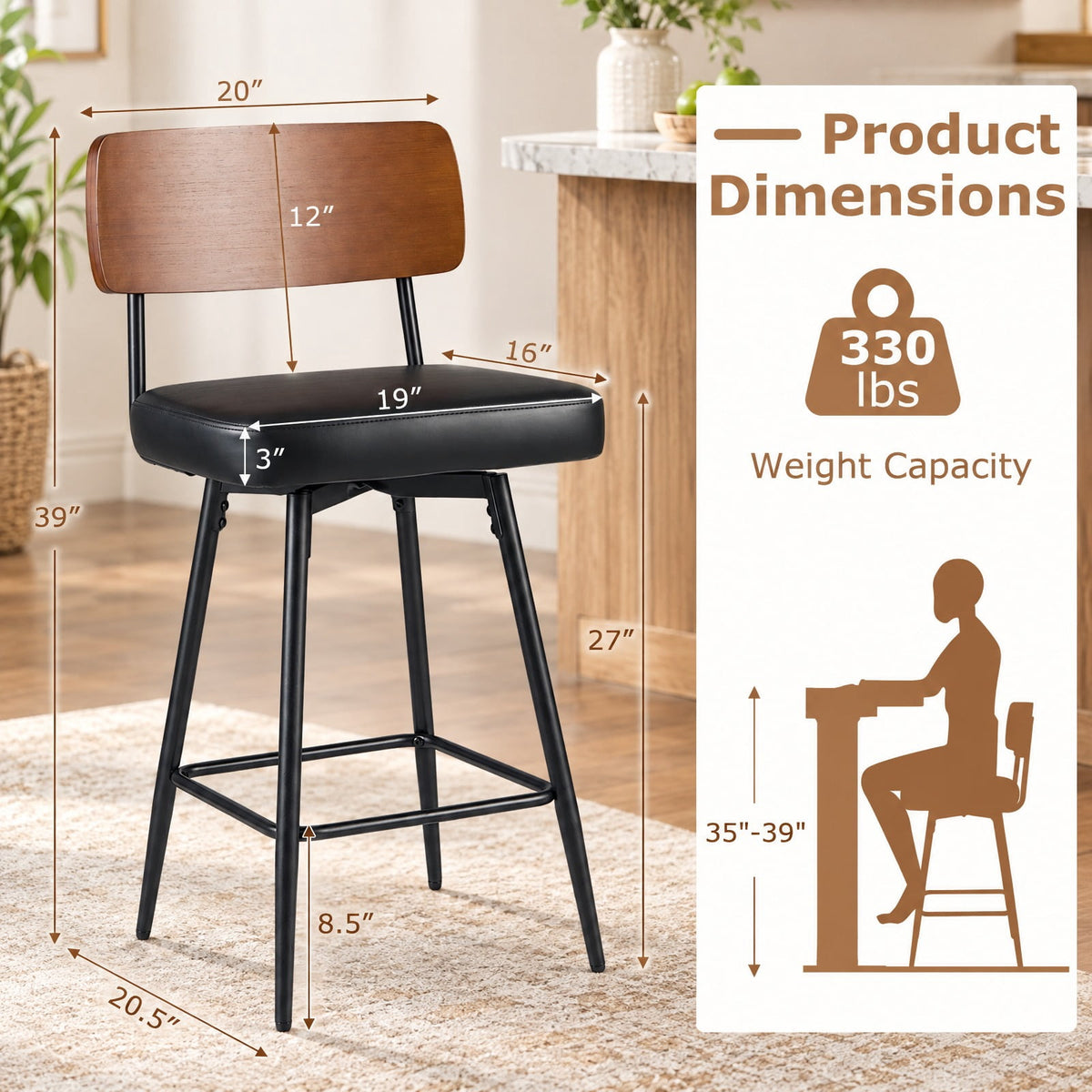 Airfind 27 Inch Padded Counter, Barstools Set of 2 with Metal Legs, 330 lbs Capacity, Metal Plywood PU Leather Sponge Frame, Black