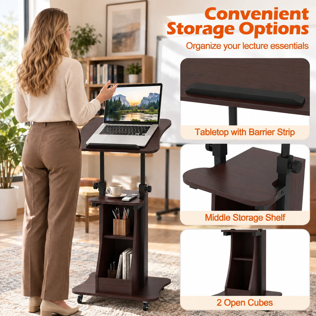 Airfind Mobile Podium Stand Height Adjustable Laptop Cart with Tilting Tabletop and Storage Compartments, 200 lbs Capacity, Brown