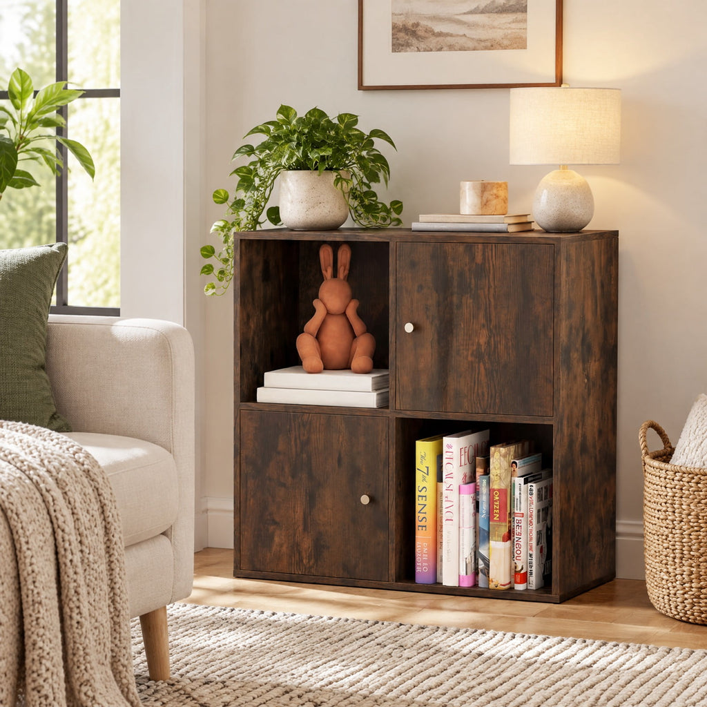Airfind 4-Cube Bookcase 3-Tier Bookshelf with Dual Anti-Tipping Kits and 2 Cabinets, 110 lbs Capacity, MDF Engineered Wood Frame, Brown