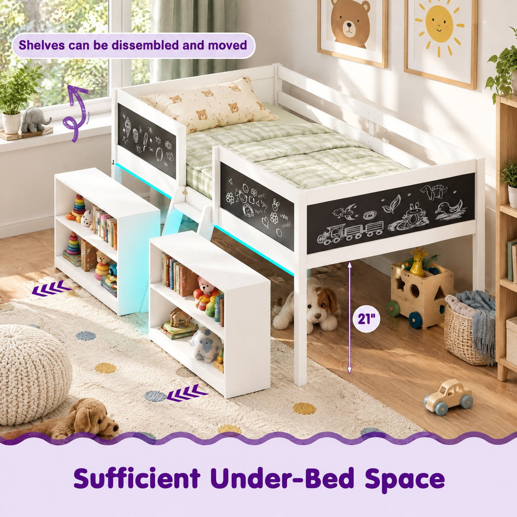 Airfind Low Loft Bed with LED Lights Youth Cabin Bed with Bookcases, 250 Lbs Capacity, Solid Wood Plywood MDF Engineered Wood, White